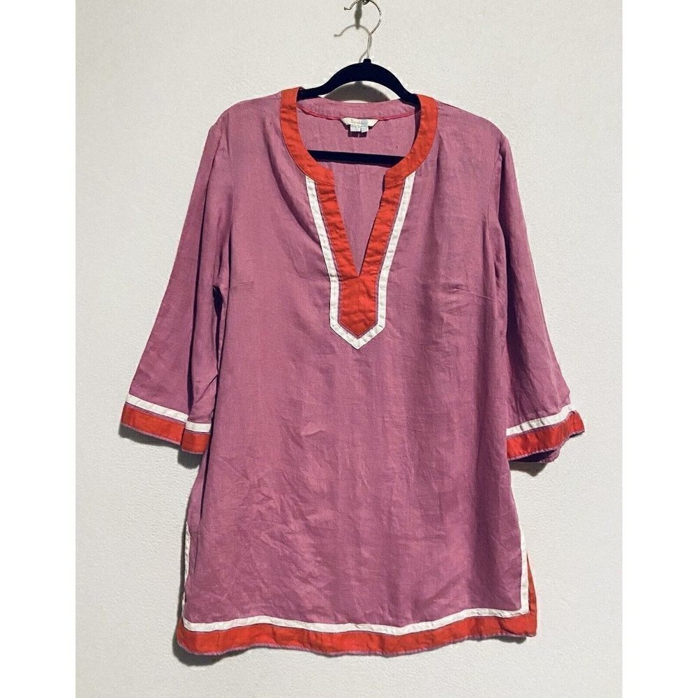 Boden Top Womens 12 Kaftan Tunic 3/4 Sleeve Pink Linen Lagenlook Coastal Grandma